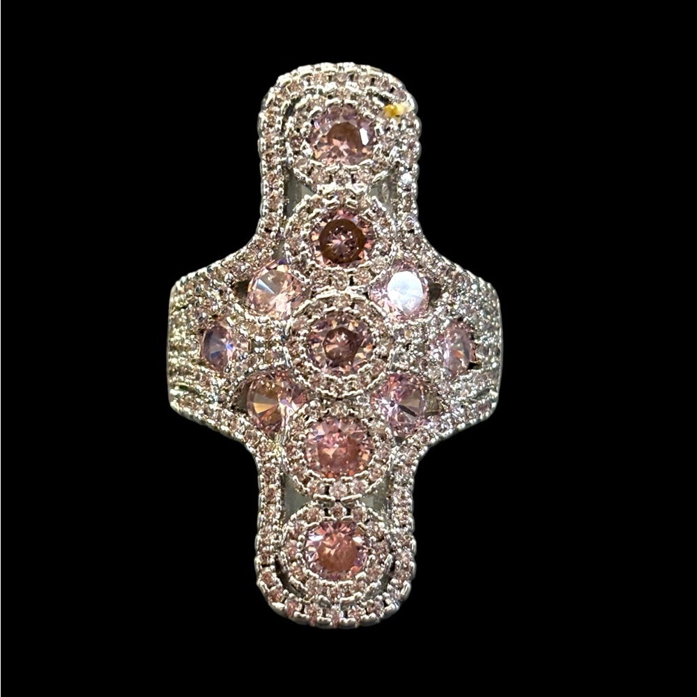 925 Silver Pink Cross Zircon Statement Ring - Picture 6 of 12